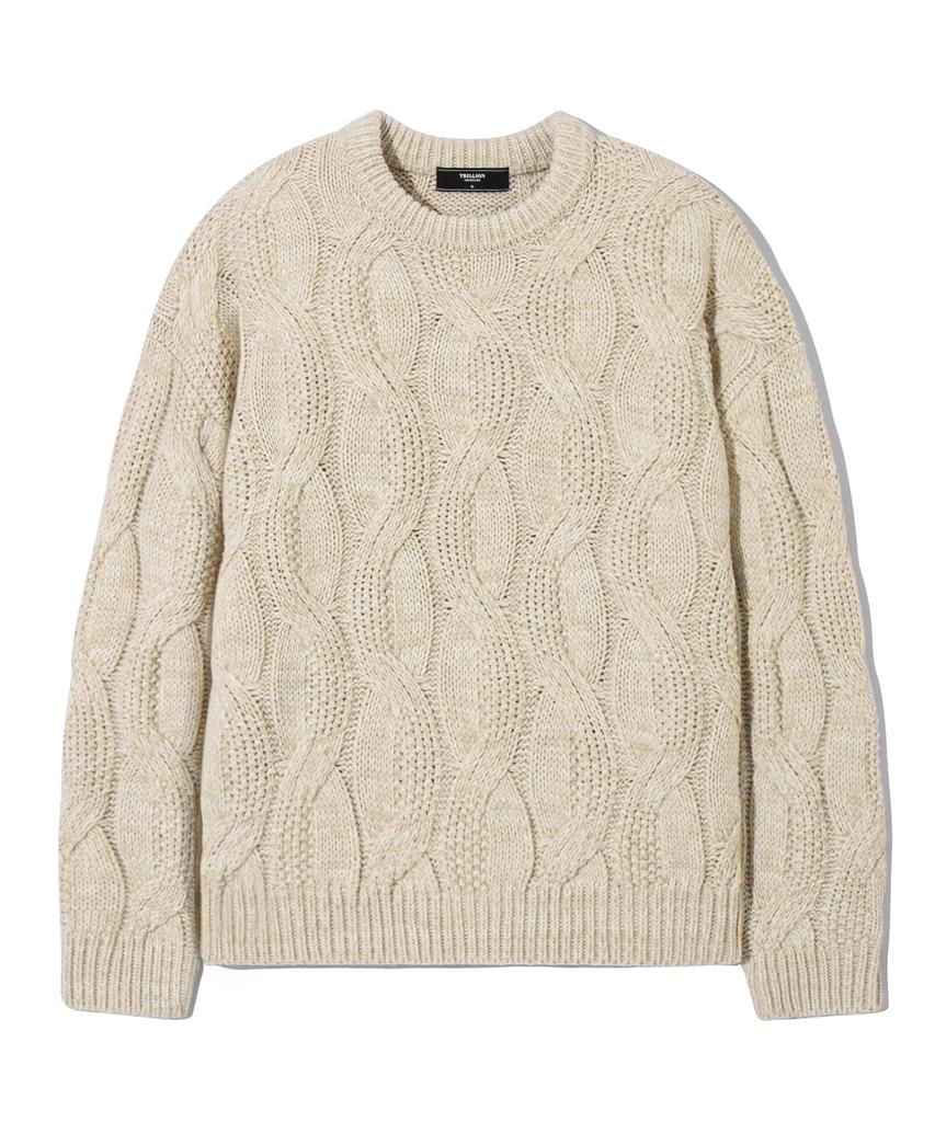 TRILLION Washable Big Cable Oversized Crew Neck Knit [Ivory]