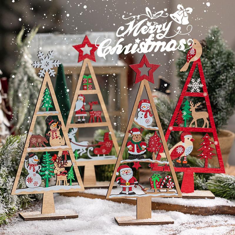 1PC Mini Wooden Christmas Tree Shape Pendants DIY Festival Party Tabletop Ornaments New Year Home Decoration Gift Prop