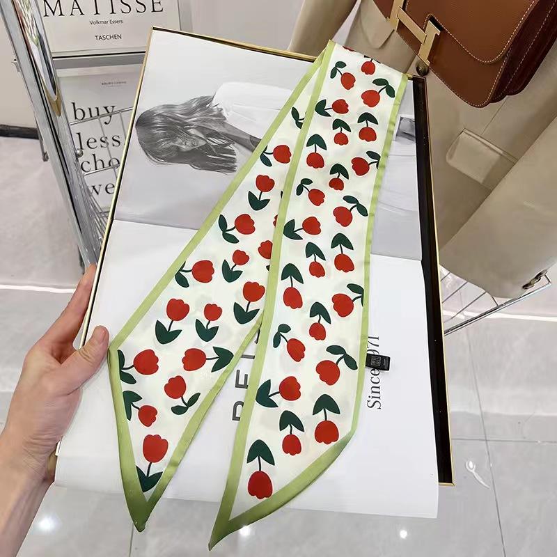 Маленький белый и нежно-зеленый шелковый шарф для женщин, тонкая лента, повязка на голову, резинка для волос, украшение для сумки, длинный