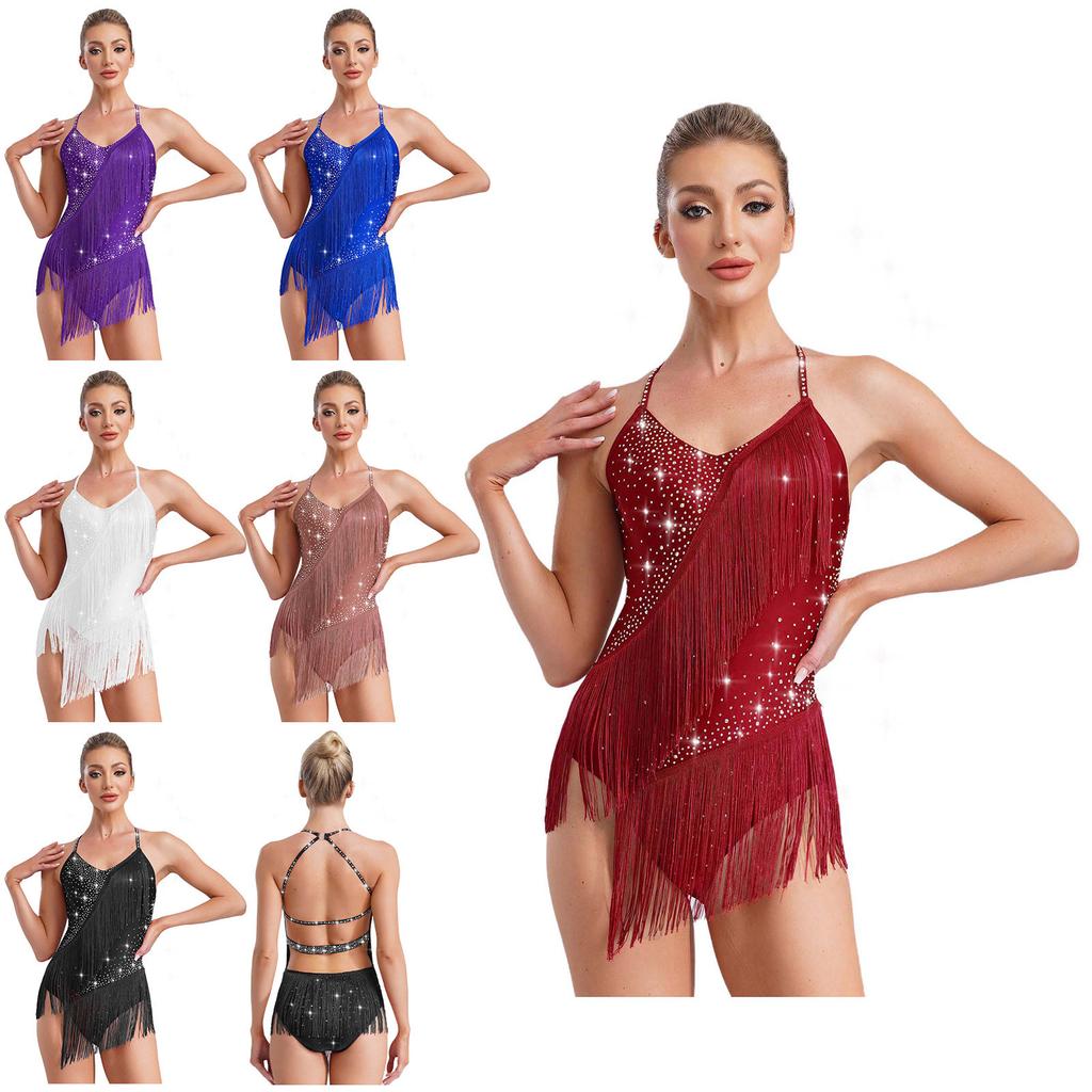 Womens Latin Dance Leotard Sleeveless Halter Neck Rhinestone Tassels Backless Competition Costume