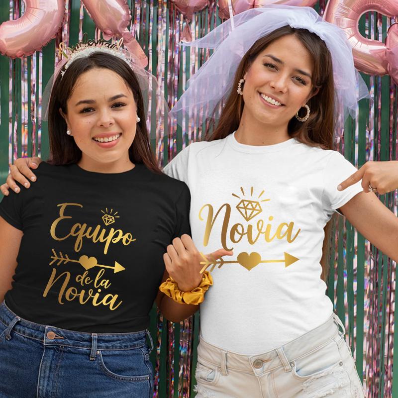 Spanish Bridesmaid Bride Tribe T-Shirts Gold Foil Graphic Tees O Neck Tops for Bachelorette Party Bridal Shower Women Clothing