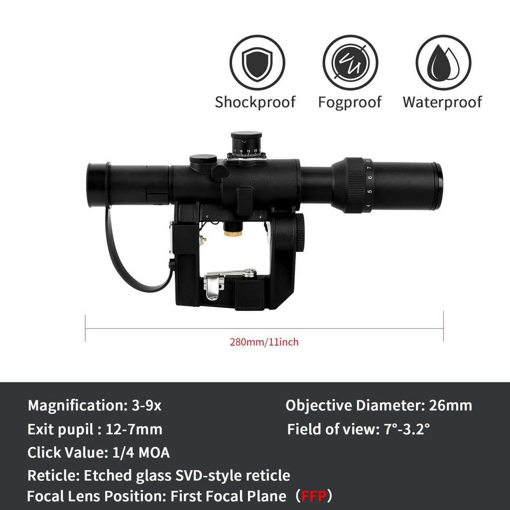 Оптический прицел FOCUHUNTER 3-9X26 SVD для Драгунова АК, FFP, Тактический прицел, Первая фокальная плоскость, Боковое крепление, Сетка PSO-1 Черно-красная, Выдвижная бленда,