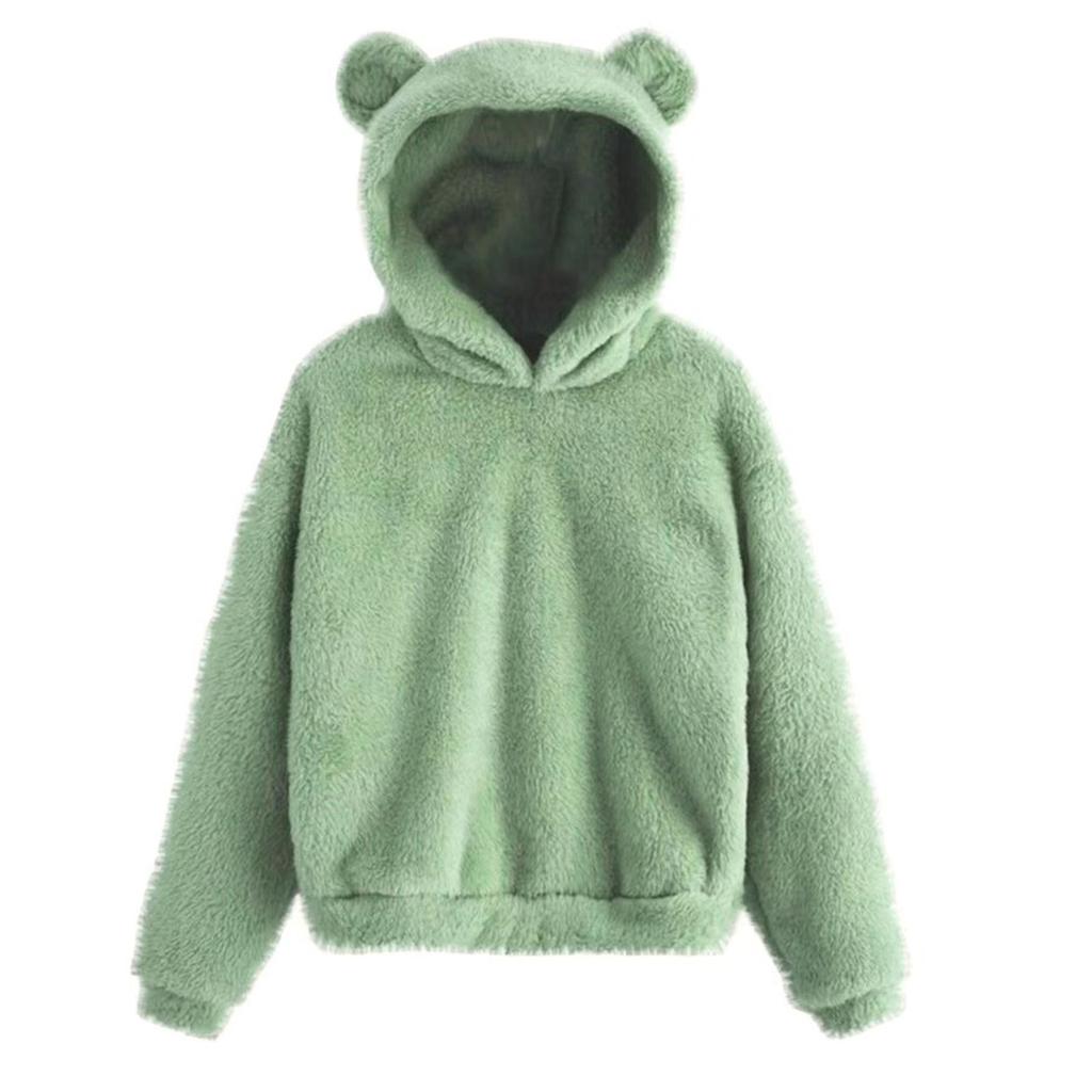 Women's Fashion Long Sleeve Solid Color Fleece Ears Hooded Warm Sweater Sweatshirt