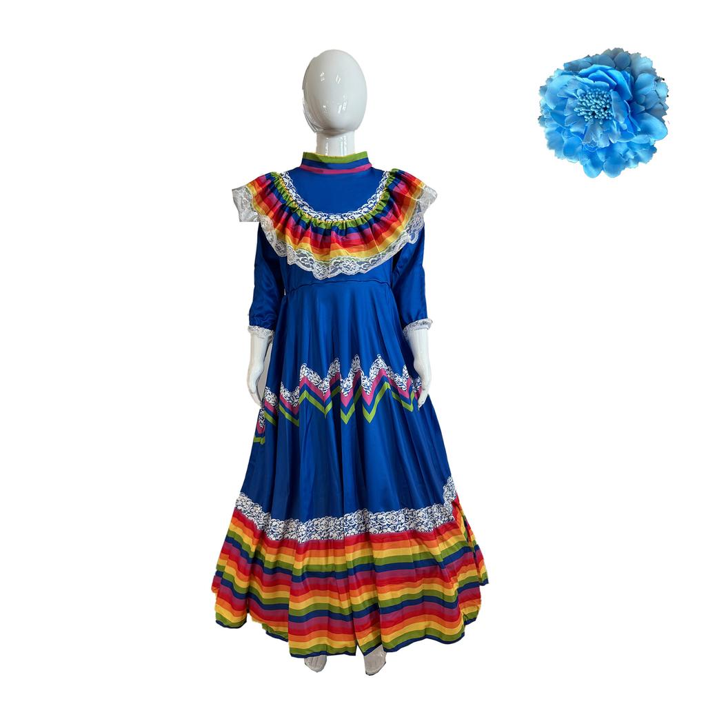 Детское длинное платье в мексиканском стиле с длинными рукавами и круглым вырезом.