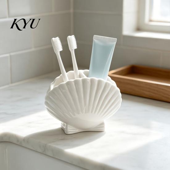 No Drill Toiletry Holder Shell Shape Toothbrush for Bathroom Countertop, 2 Compartments Waterproof Space Saving Storage Desktop Organizer, Ocean Style