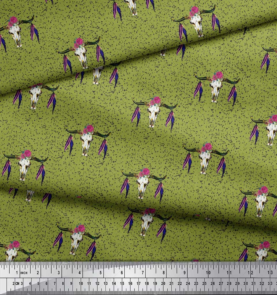 Soimoi Ткань из зеленого японского креп-сатина с принтом в виде перьев и лосей, по метрам, 42 дюйма