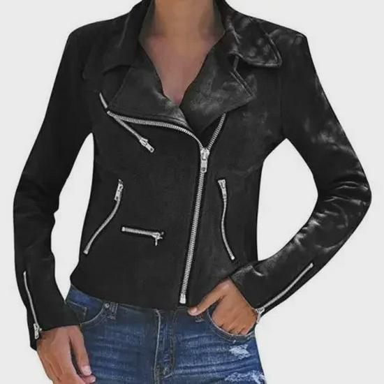 Women's Autumn/Winter Lapel Jacket with Multiple Zippers