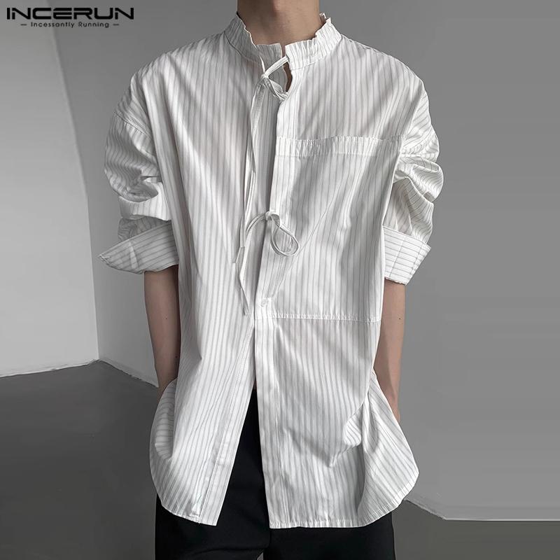 INCERUN Осенние мужские рубашки в полоску с длинным рукавом и воротником-стойкой, топы с повязками Bagge