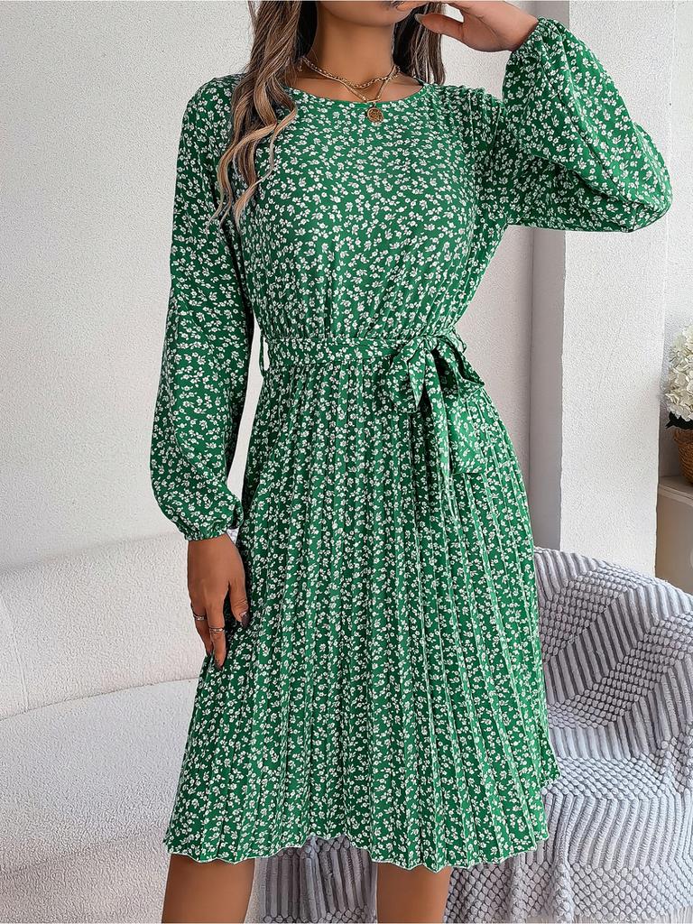 Round Neck Print Flower Dress Waist Hugging Elegant Pleated Dress for Women Long Sleeve Loose Dresses Causal Dress