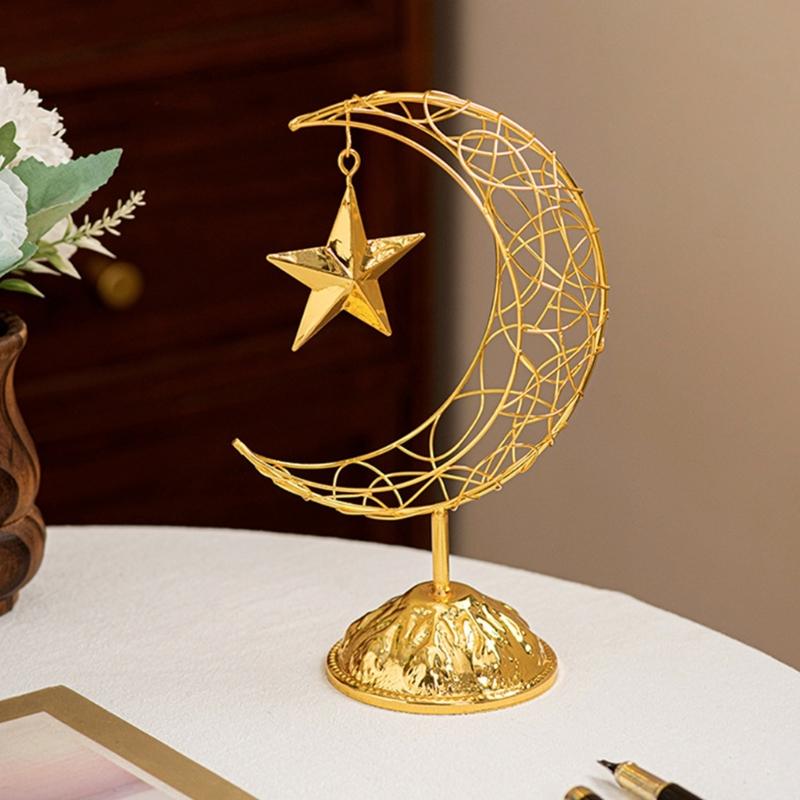 Artistic Middle Eastern Iron Moon Star Sculpture With Base Eid Ramadans Hollowout Ornament for Muslims Party Supplies