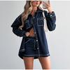 Vintage Denim 2 Piece Sets Women's Mini Skirts Polo Collar Long Sleeve Pockets Tops Hip Package Skirt Lady Streetwear 2025 Spring Summer