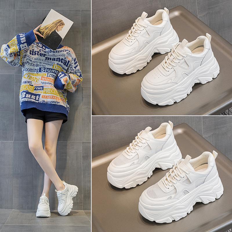 White Chunky Platform Sneakers Ultra Thick Sole Height Increasing Casual Shoes Lace Up Lightweight Non Slip For Daily School