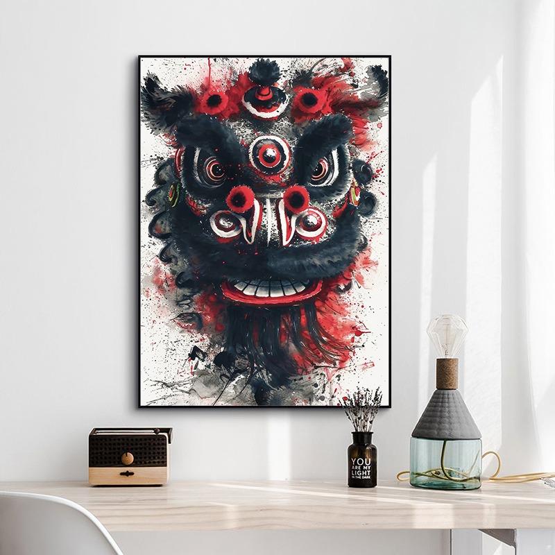 Современные красочные плакаты и принты в стиле туши с китайским танцем льва, печать на холсте, настенное искусство, картина для украшения гостиной