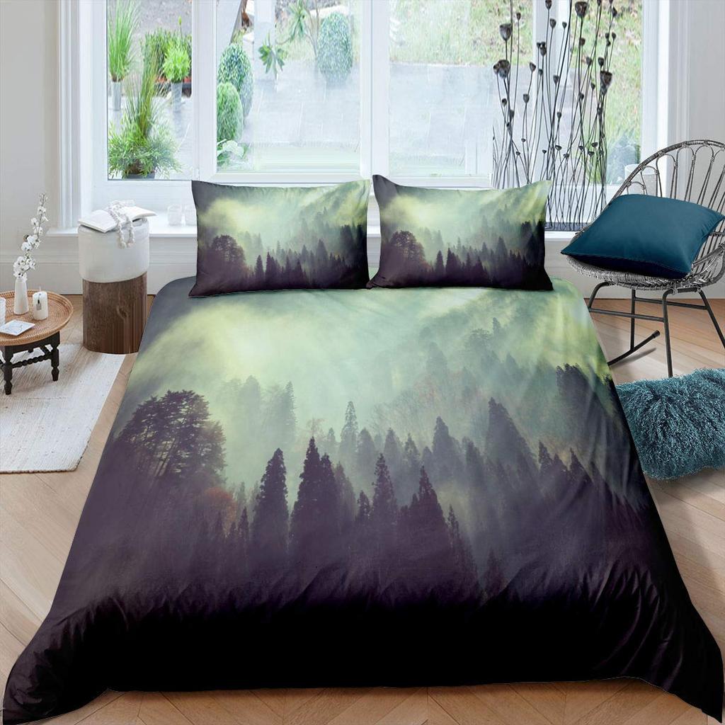 Smoky Mountain King Queen Duvet Cover Grey Fog Pine Trees Bedding Set Retro Natural Scenery Art 2/3pcs Polyester Quilt Cover