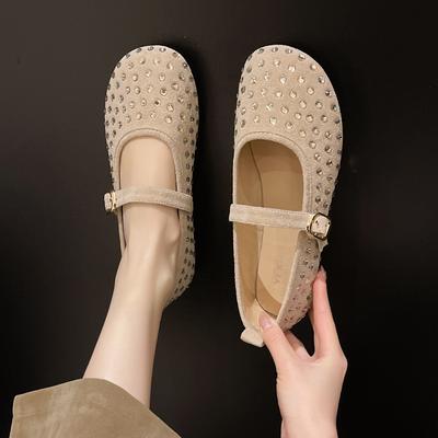 Туфли Мэри Джейн туфли феи ранняя осень новинка плоская подошва круглый носок мелкий вырез стразы ремешок с надписью одинарные туфли девочка