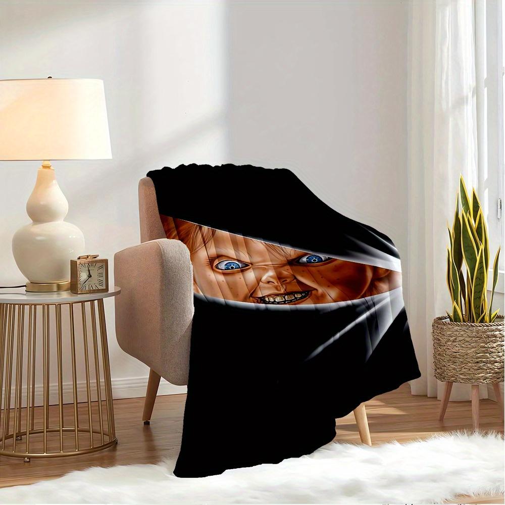 For Chucky,Horror,Doll-Themed Flannel Blanket, Glam Style, Digital Print, All-Season Comfort, Tear-Resistant, Knitted Craftsmanship, Polyest