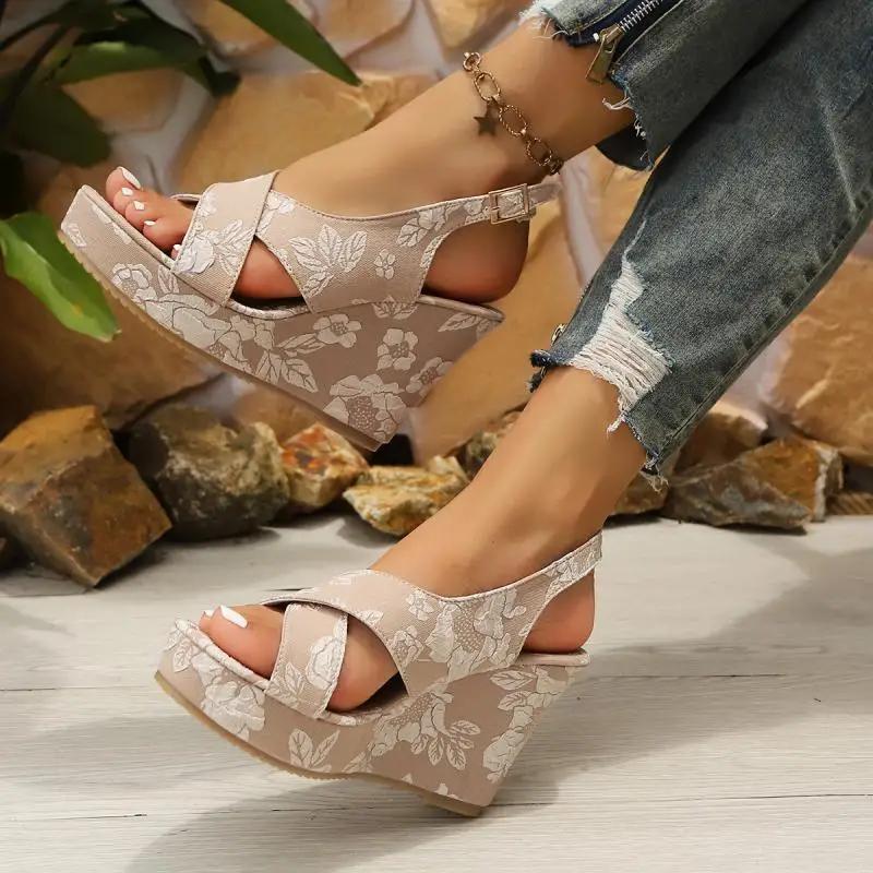Fashion Nude Rose Print Chunky Platform Wedge Super High Heel Sandals Women Summer Cross Strap Back Strap Sandals Fashion Beach Shoes