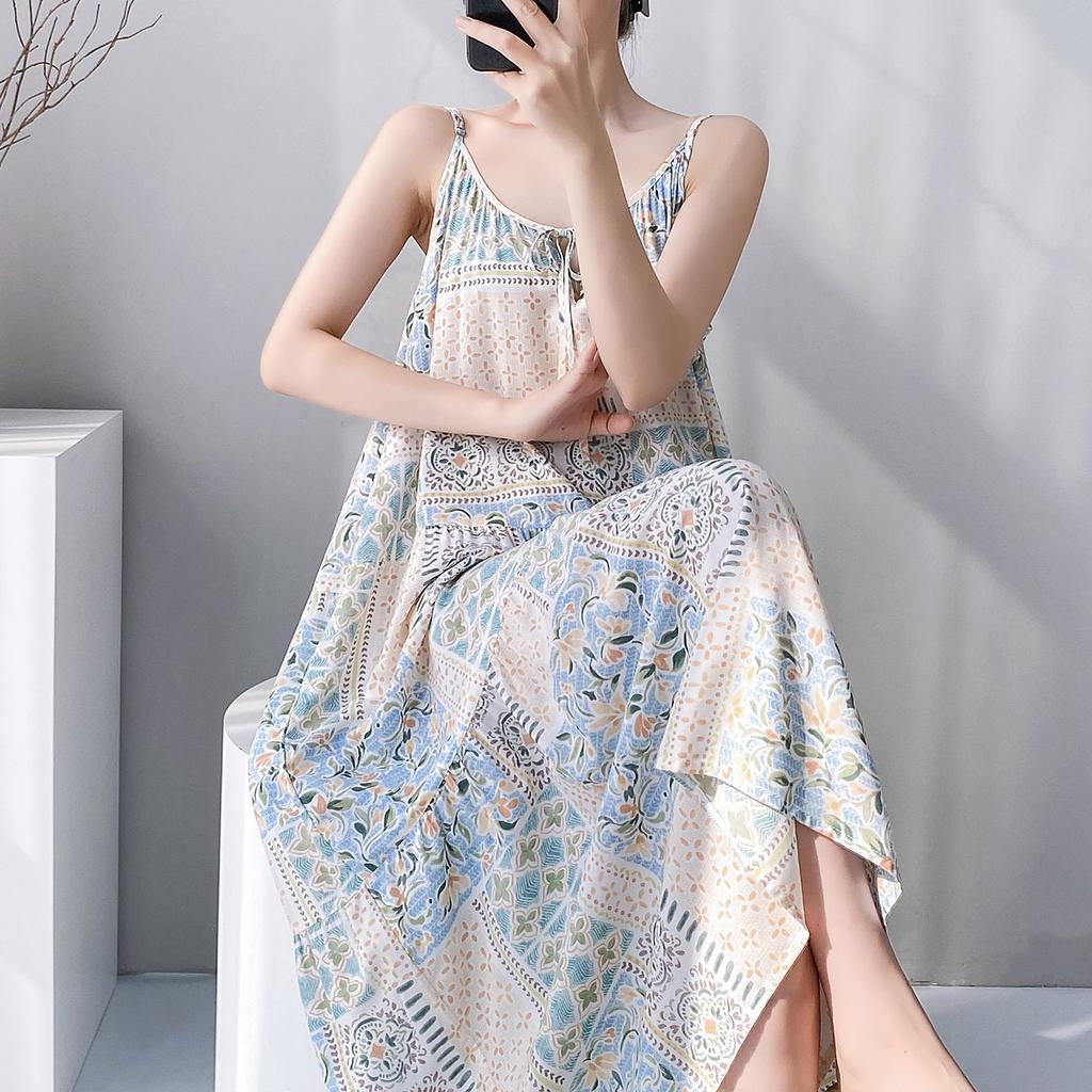Summer sleeveless suspender cotton and silk nightdress women's lace-up can be worn outside loungewear high-end vacation long dress dress thin