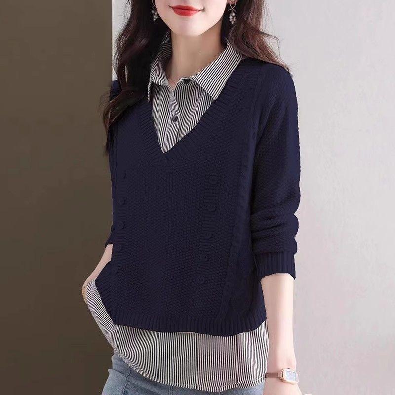 Womens Polo Collar Knit Sweater Fake Two Piece Top 2026 Fashion Casual Outerwear Base Shirt