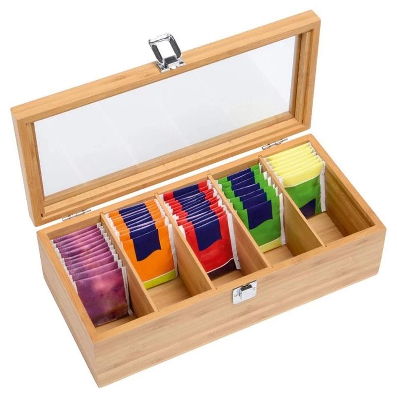 Wooden Tea Bag Organizer with Flip-Top Lid