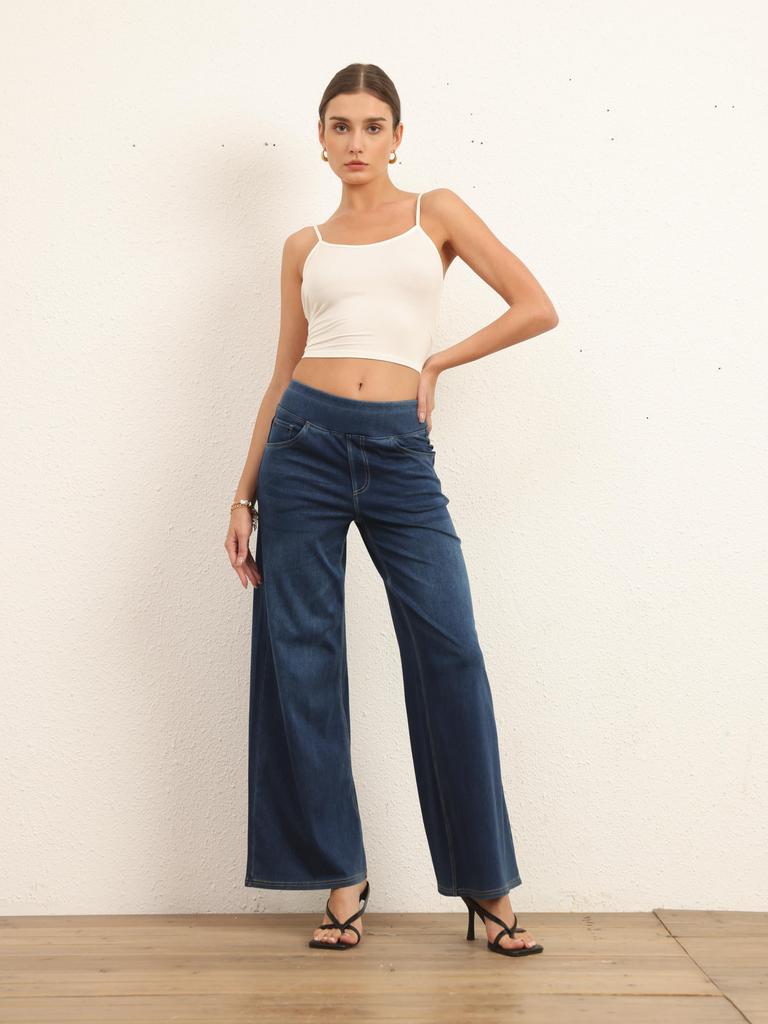 Shascullfites Джинсы со средней талией и широкими штанинами для женщин, эластичные темно-синие джинсы, повседневные брюки свободной посадки с карманами