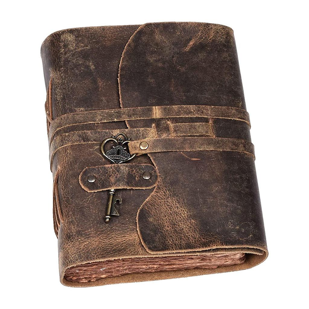 Винтажный кожаный дневник ручной работы - Винтажные страницы ручной работы - Старинная застежка на ключ - Проблемный коричневый цвет. Размер 10X7 дюймов