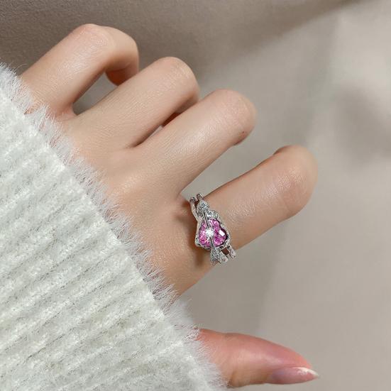Women Ring Double Layer Adjustable Open Design Eye-catching All-match Jewelry Gift Pink Faux Crystal