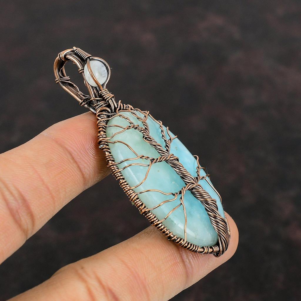 Tree Of Life Hemimorphite Pendant Copper Wire Wrapped Pendant Rainbow Moonstone Gemstone Pendant Handmade Pendant Copper Wire Wrap Jewelry