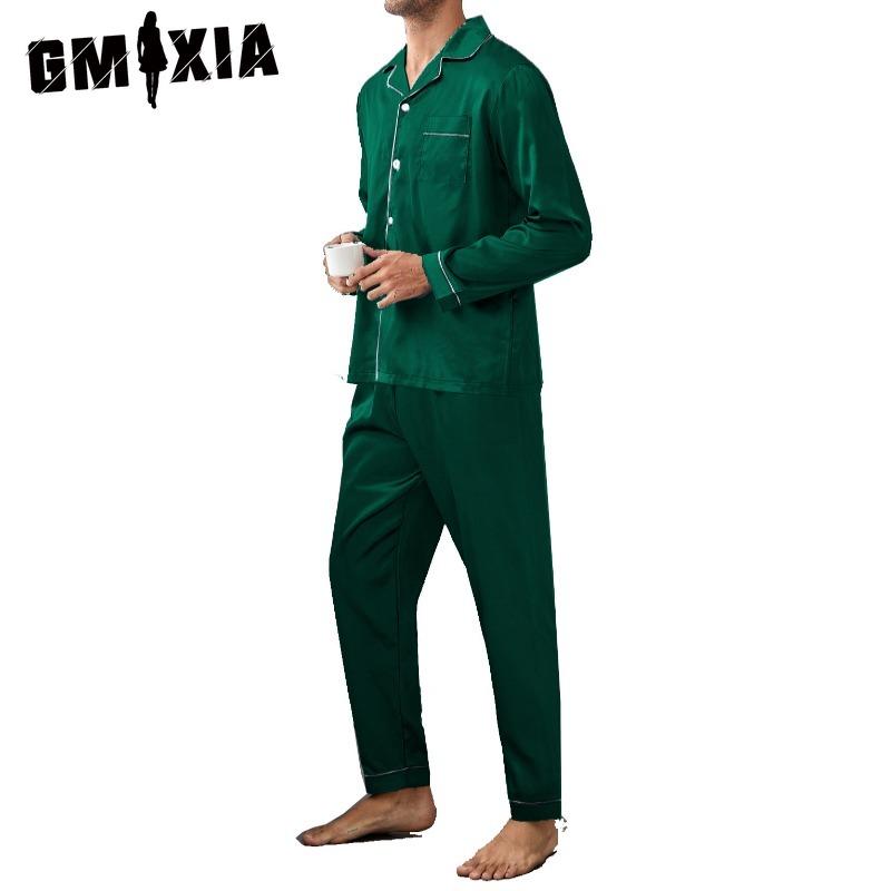 GMXIA Роскошный домашний костюм мужской с длинным рукавом и длинными брюками, атласный пижамный комплект из двух предметов