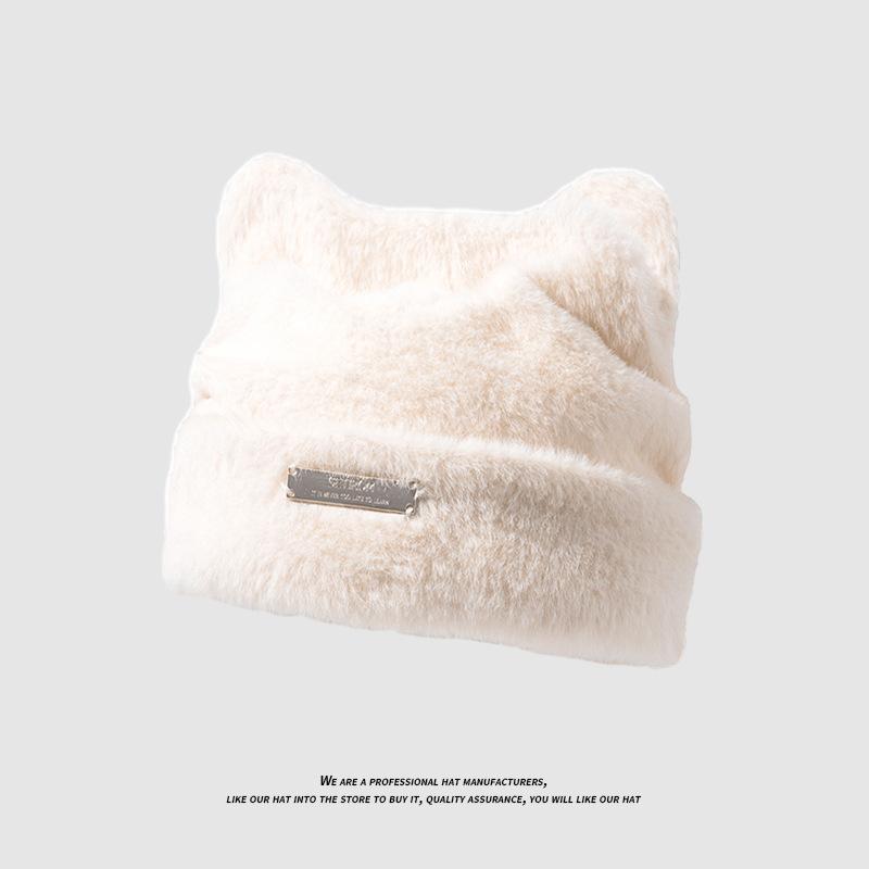 Plush hat female cute bear ears thickened warm ear protection wool hat big head circumference versatile bag head knitted hat