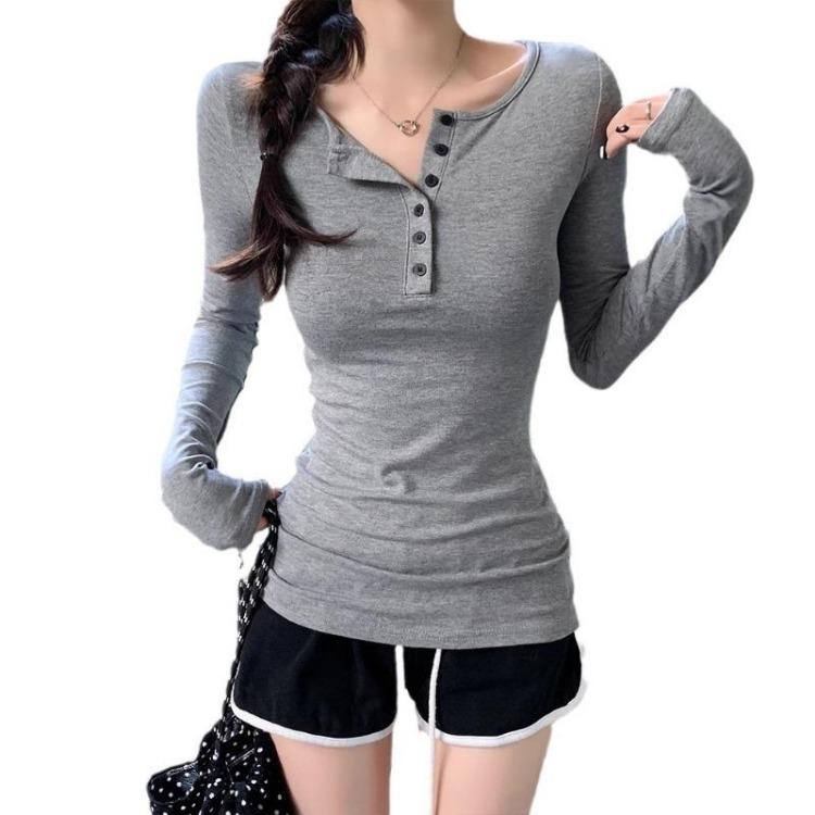 Women's Slim Fit Button Down Long Sleeve Shirt Early Autumn Simple Top Student Shoulder Inner Wear Bottoming Blouse