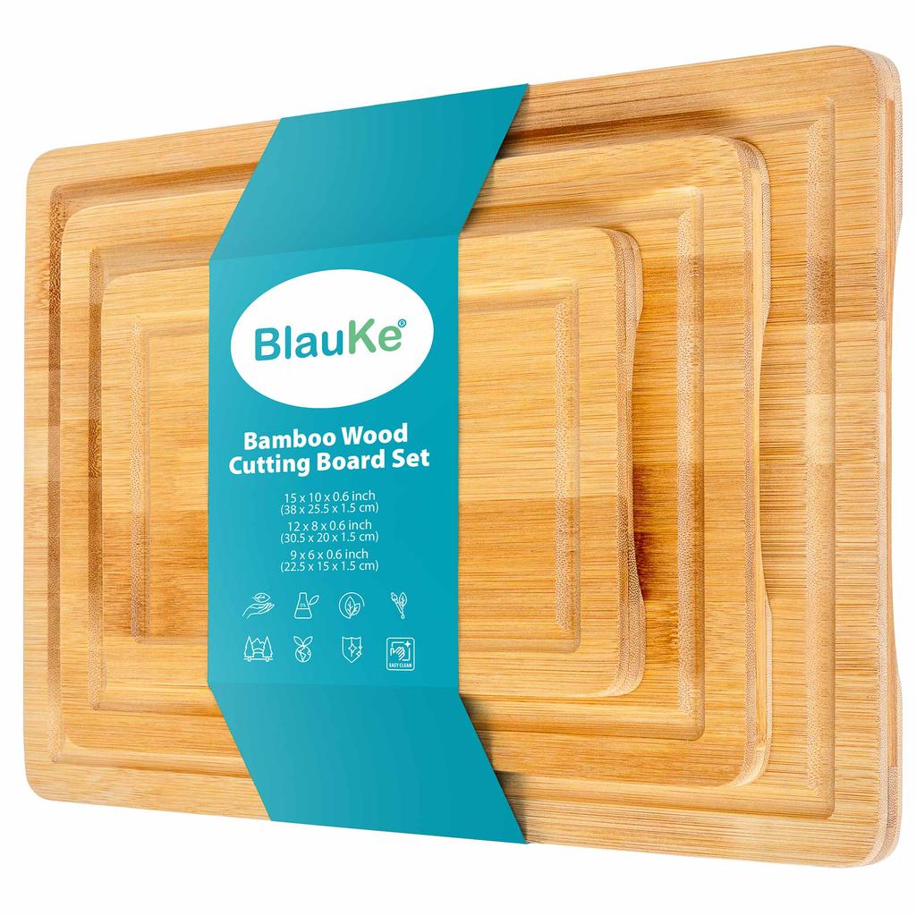 Wood Cutting Boards for Kitchen – Bamboo Cutting Board Set with Juice Groove and Handles – Wooden Chopping Board, Serving Tray – BlauKe®