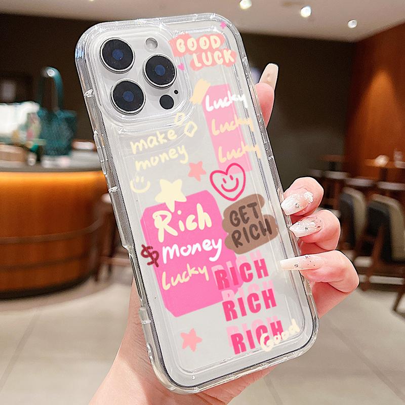 Pink Lucky Wealth Letter Pattern Phone Case For Xiaomi 13T Pro 13 12 11 Lite 5G 12T Transparent Silicone Shockproof Bumper Cover