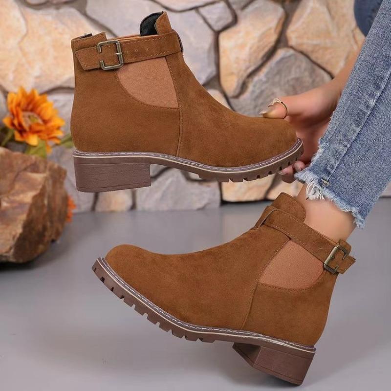 Осень Зима Новые Модные Универсальные Женские Ботинки Элегантные Простые Круглый Носок Квадратный Каблук Средний Каблук Женская Обувь