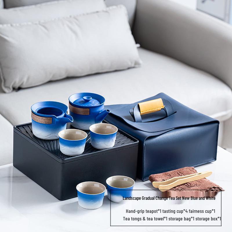 Элегантный портативный керамический чайный набор с деревянным подносом: 1 чайник и 4 чашки для приключений на открытом воздухе
