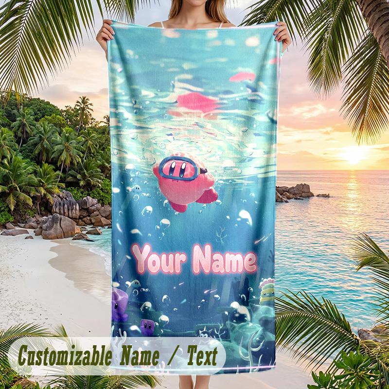 Kirby Beach Towel, Personalized Custom Text, Quick Dry Soft Large Towel For Swimming Pool Travel
