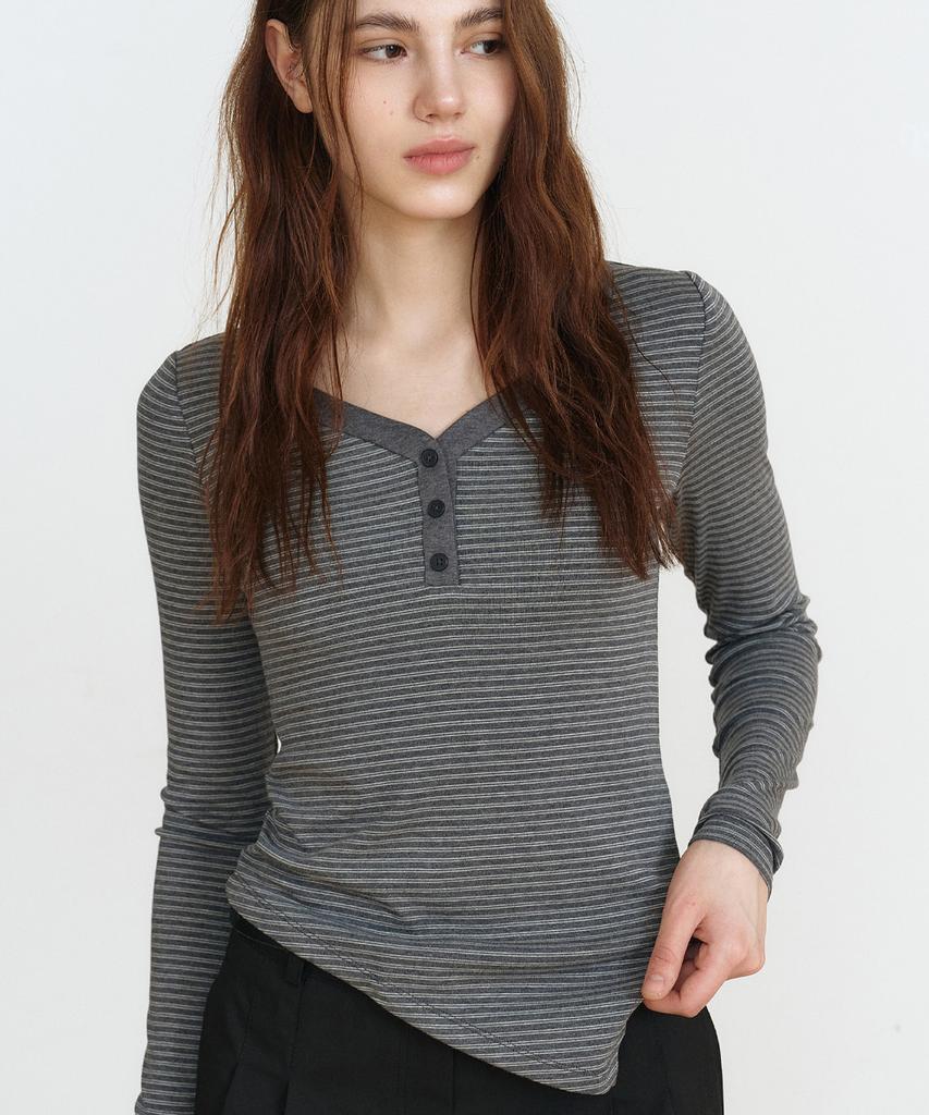 MAKE A TOAST Striped Button Long Sleeve T-Shirt (Gray) Mbfsto002Gr