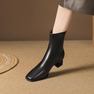 Французские ботильоны на толстом каблуке, женские осенне-зимние новые, для通勤, на молнии, эластичные, с квадратным носком, модные, универсальные, средней высоты, тонкие ботинки