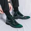 Men's Green Glossy High-Top Martin Boots - British Style Pointed Toe Chelsea Boots, Autumn Korean Trend.