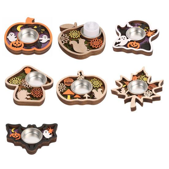 Wooden Candle Plate Holder Tray Tabletop Tealight Pillar Display Tray Wood Pumpkin Bat Ghost Maple Leaf Table Centerpiece for Halloween Thanksgiving