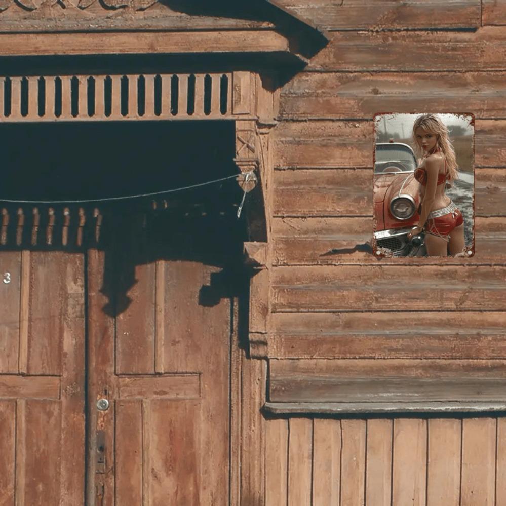 Винтажный американский металлический настенный декор 2D Автомобиль и девушка пинап Жестяная табличка 7,9x11,9 дюйма Рустикальный алюминиевый домашний декор для гостиной бара подарок