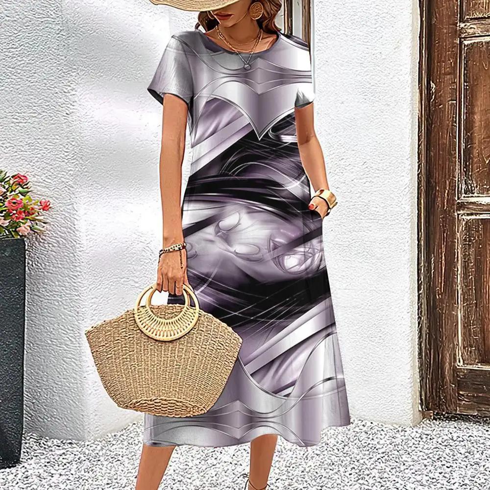 Элегантное женское платье летнее платье с короткими рукавами полосатая принтованная женская одежда свободная юбка А-силуэта повседневный круглый воротник пуловер