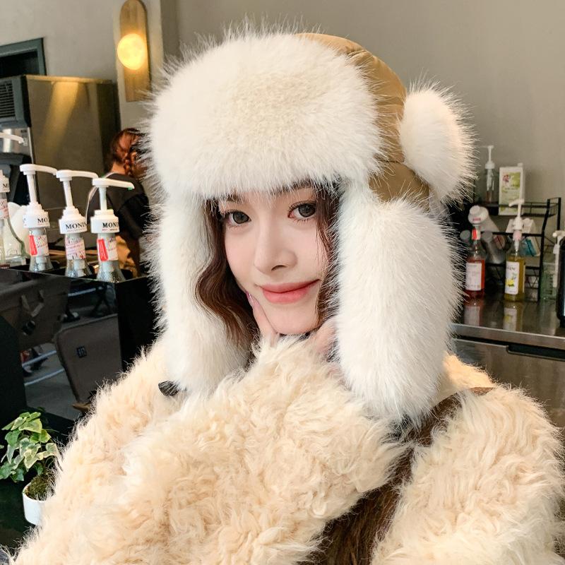 New Autumn and Winter Hat for Women Solid Color Imitation Mink Hair Thickened Cold-proof Lei Feng Hat for Winter Warm Cycling Ear Protection Hat