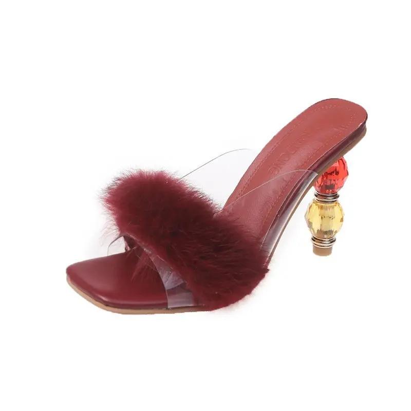 Женские туфли-лодочки из ПВХ, прозрачные перья, плексиглас, кристаллы, высокие каблуки, меховые туфли с открытым носком, мюли, тапочки, женские шлепанцы, обувь n87