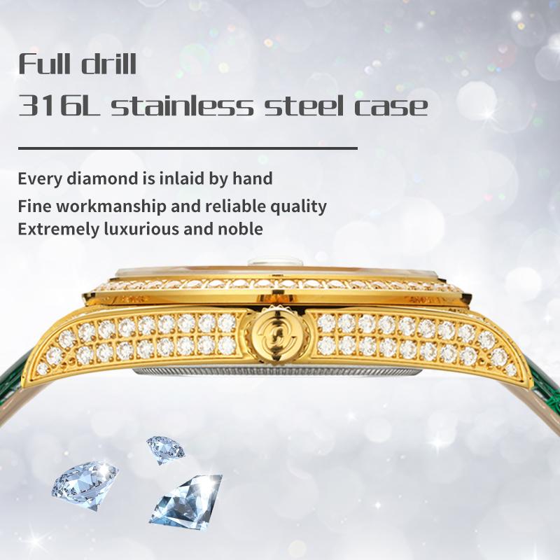 Start Малахитовые мужские часы с бриллиантами, функция даты, автоматические механические часы, пряжка-бабочка, ремешок из кожи аллигатора