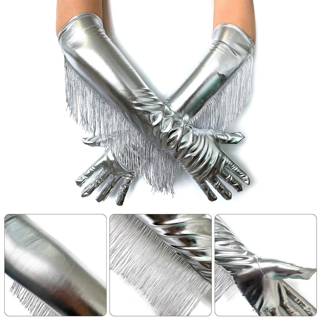 Блестящие серебряные перчатки с бахромой, идеально подходящие для женских сценических выступлений и коктейльных вечеринок в стиле 1920-х годов.