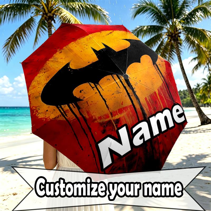 Custom Name Personalized Batman Print Umbrella, Auto Open Close, 8‑Rib Sturdy Frame, Commute Camping Hiking Use, Birthday Gift