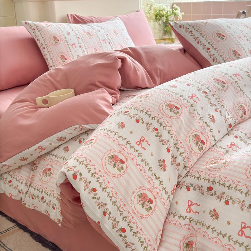 Комплект постельного белья из четырех предметов на лето из двухслойной марли класса А с цветочным принтом и пузырчатого хлопка