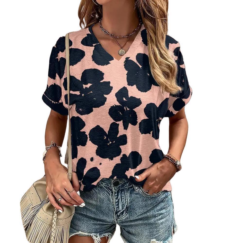 S-8XL Летняя футболка размера плюс для женщин с V-образным вырезом Повседневная мода Граффити Футболки Harajuku Одежда Свободные топы с коротким рукавом Пуловер