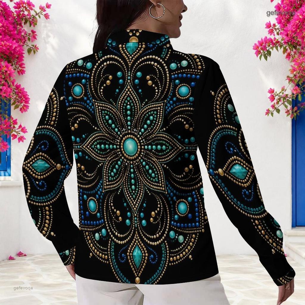Women Plus Size Collared Neck Long Sleeve Button Front Black Purple Gem Printed Shirt